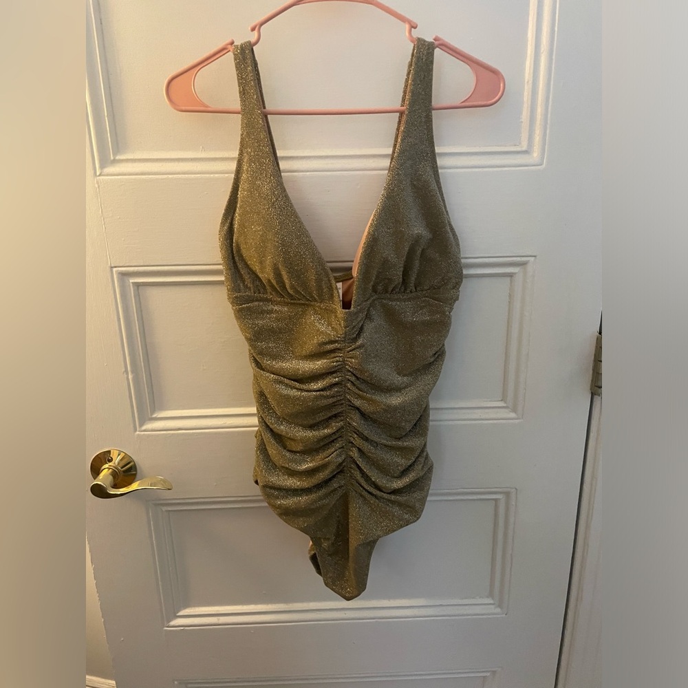 J. Crew Olive Shimmer Ruched One-Piece Swimsuit